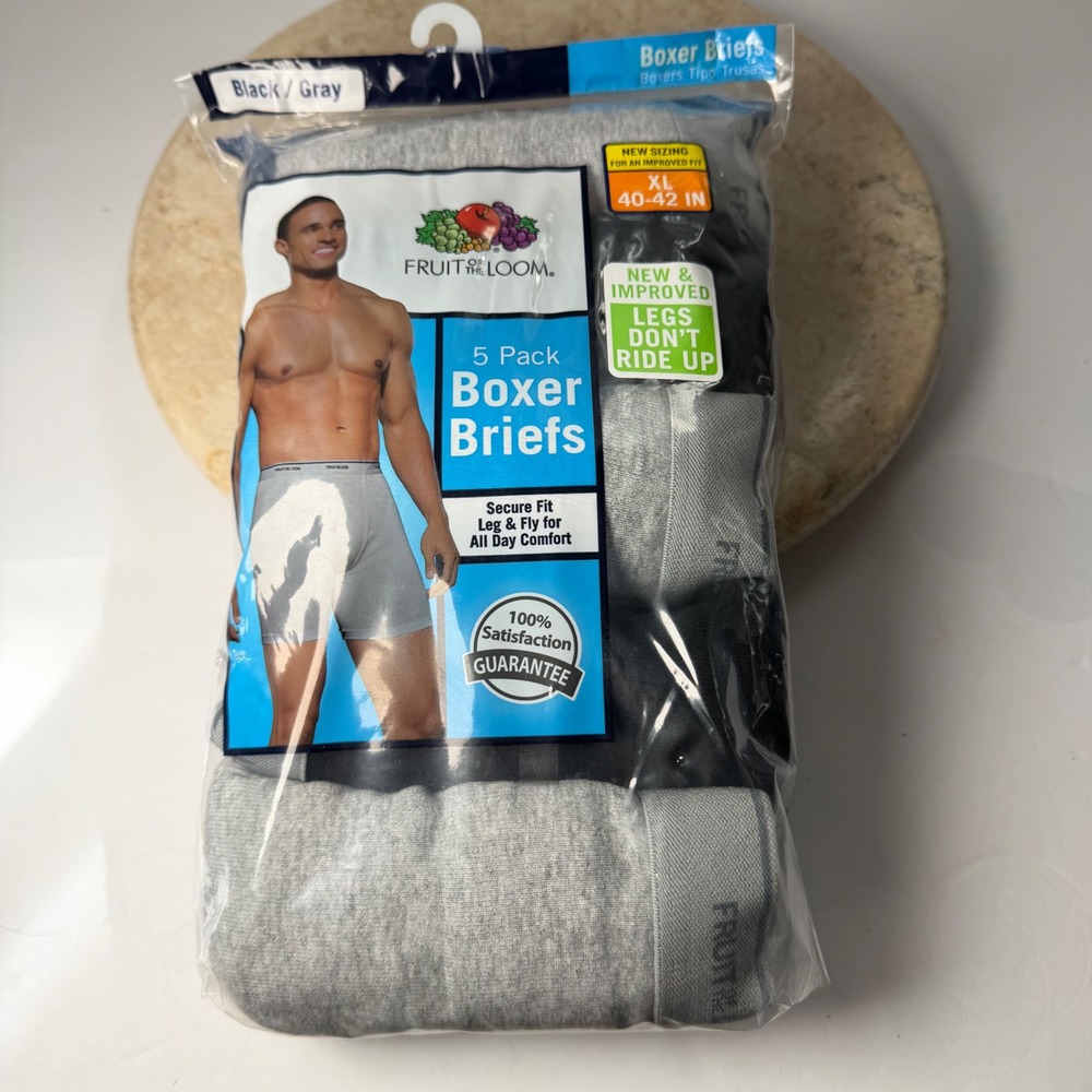 Fruit of the Loom Boxer Briefs XL Black Gray 5 Pack Tag Free Secure Fit New
